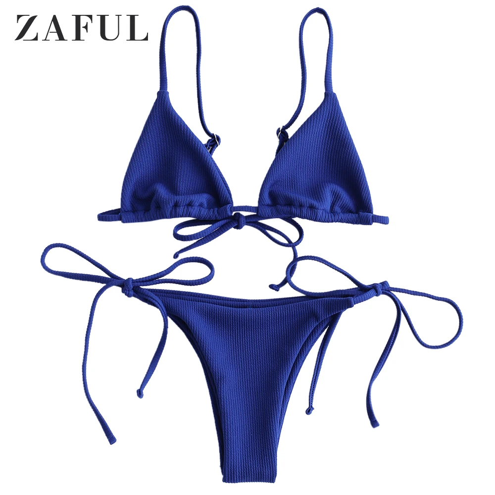 Cobalt Blue ZAFUL ребристый бикини на бретельках с низкой талией, комплект бикини на бретельках, без шнуровки, Одноцветный женский купальник, купальный костюм с пуш-ап - Цвет: Cobalt Blue