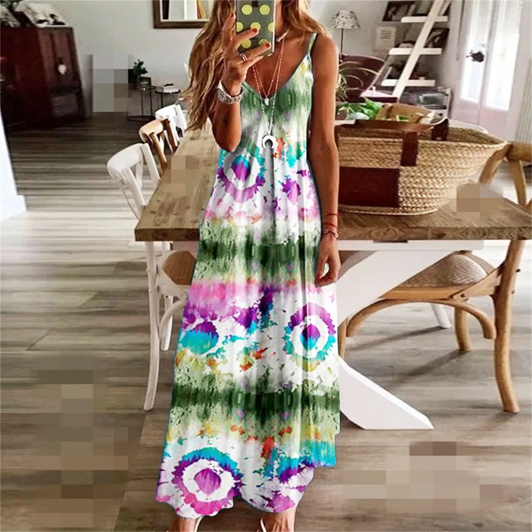 

Ladies New Hot Sale Casual Loose Splice V-Neck Printed Long Dress Women Summer 2021 Fashion Sling Sleeveless Off Shoulder Dress