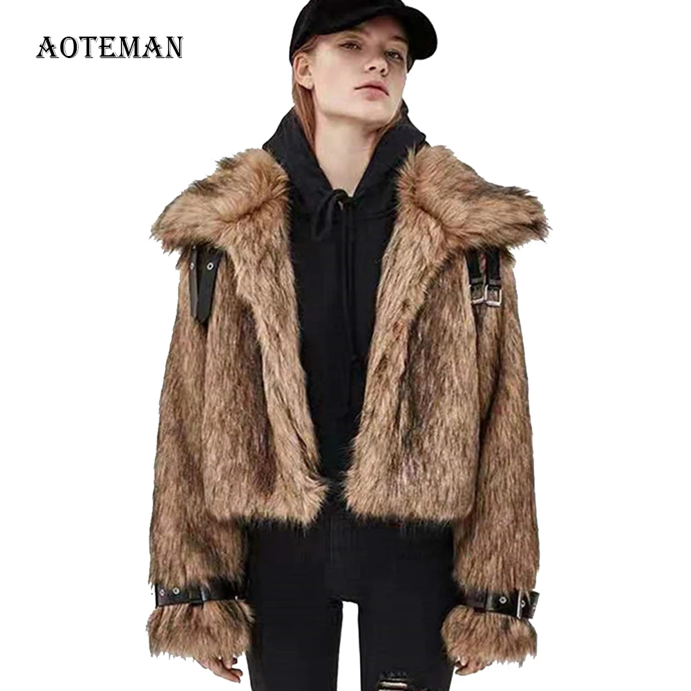 Женское пальто из искусственного лисьего меха повседневное короткое теплое с