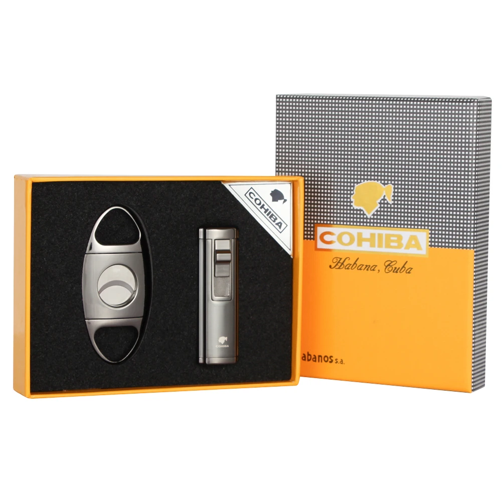 Зажигалка COHIBA газовая Бутановая с 3 фонарь ками гильотинная для сигар из