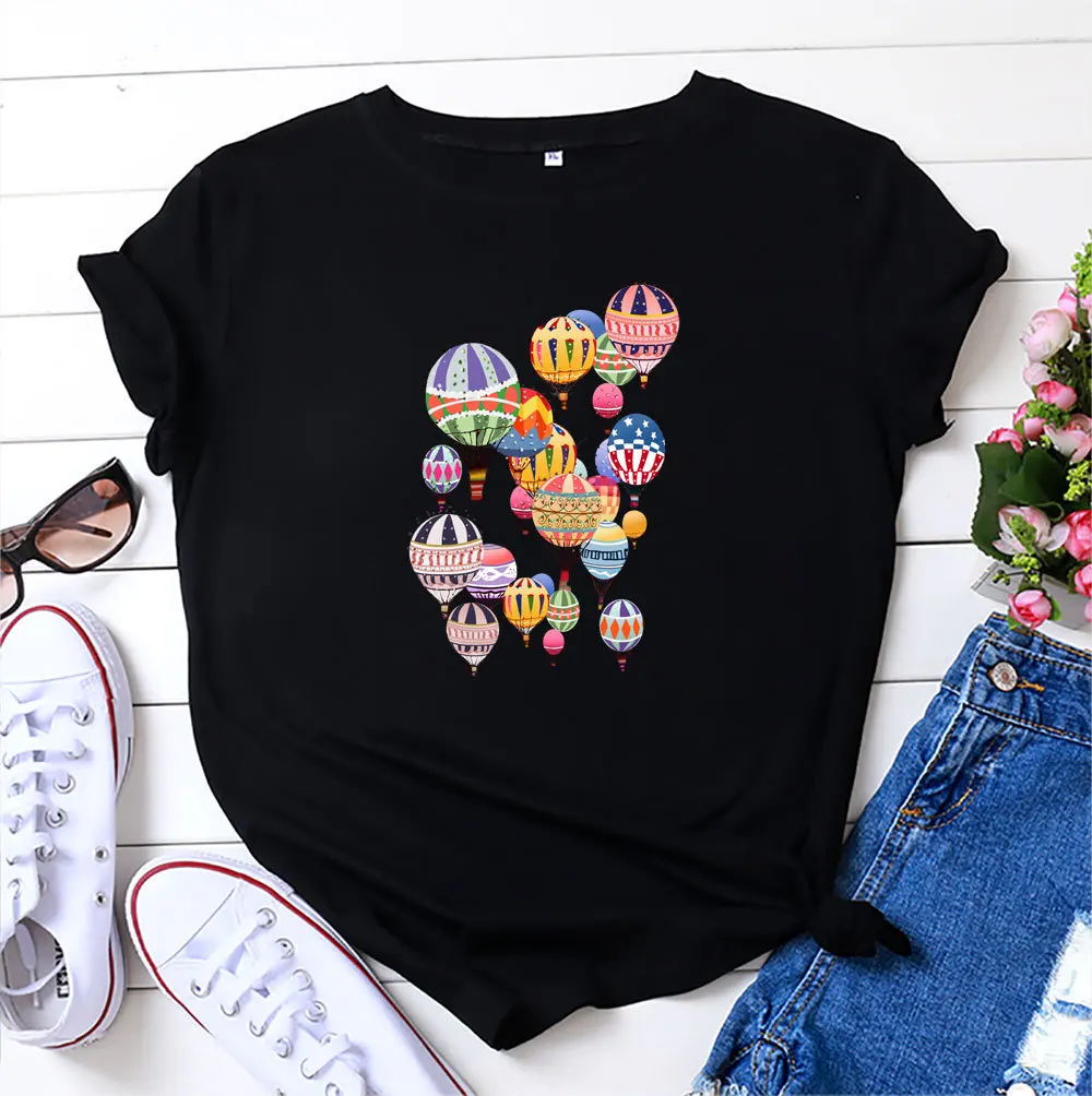 

T Shirt Hot Air Balloon Print Tshirt O Neck Short Sleeve Graphic Tees 100% Cotton T-shirt Summer Women Tops Clothes