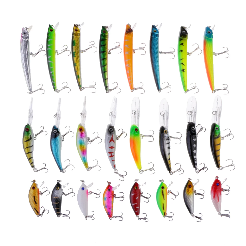 24pcs Fishing Lures Large Hard Bait Minnow with Treble Hook Life-like Swimbait 3D Eyes Popper Crankbait | Спорт и развлечения