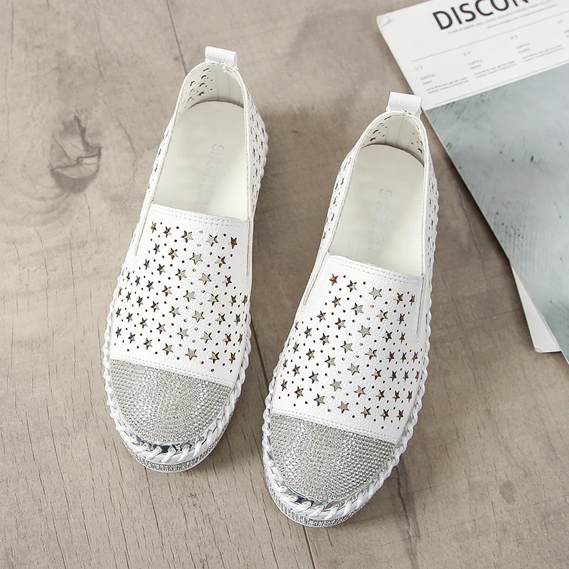 Hot Women Summer Shoes White Sneakres Platform 2020 New Female Luxury Rhinestone Flat Sneakers Genuine Leather | Обувь