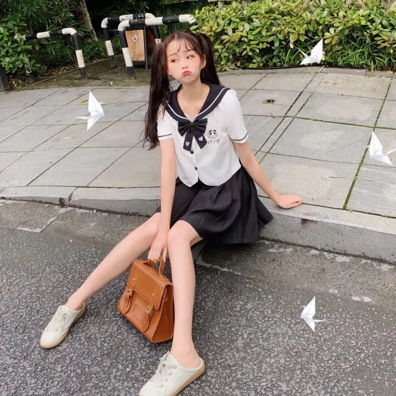 

Japanese JK uniform suit women soft girl wind cute panda embroidery sailor suit short-sleeved shirt + pleated skirt