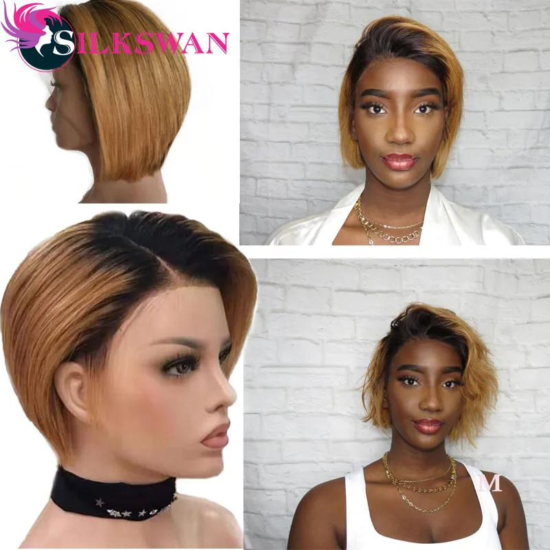 Silkswan короткие стриженые парики бразильские человеческие волосы remy индивидуальные 150% 13*4 парик на кружеве 1b/27 для черных женщин боковая часть