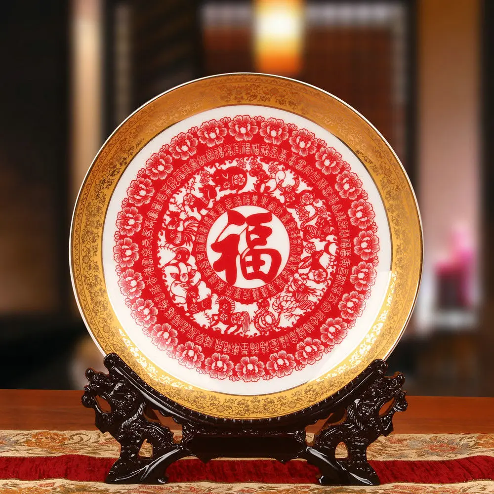 Фарфор Античный Jingdezhen декоративная тарелка 12 китайских знаков зодиака красная