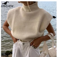 haaskew turtleneck sleeveless vest sweater women with shoulder pads knitted pullover autumn winter jumper casual tops fashion