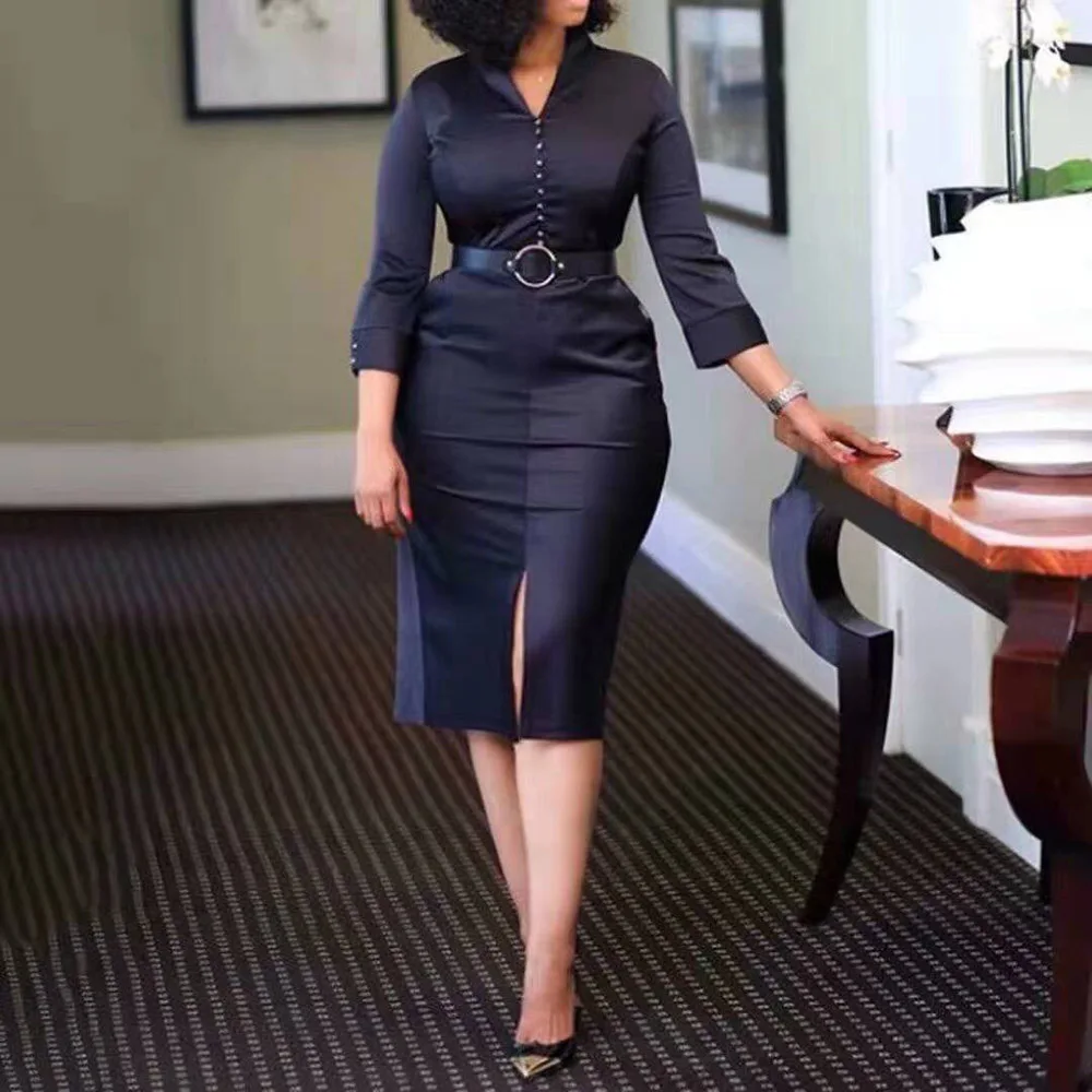 

Весеннее элегантное облегающее платье, черное Африканское платье-поло с длинным рукавом и V-образным вырезом, простое средней длины, женско...