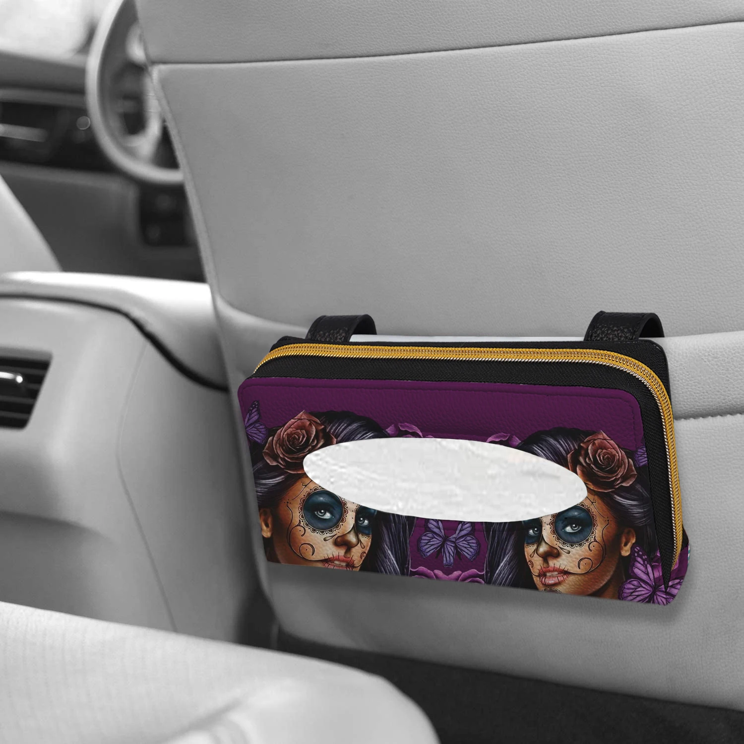 

Universal Car Sun Visor Tissue Box Holder Day Of The Dead Prints Car Seat Back Holder Box Tissue Holder PU Leather 2021 Hot Gift
