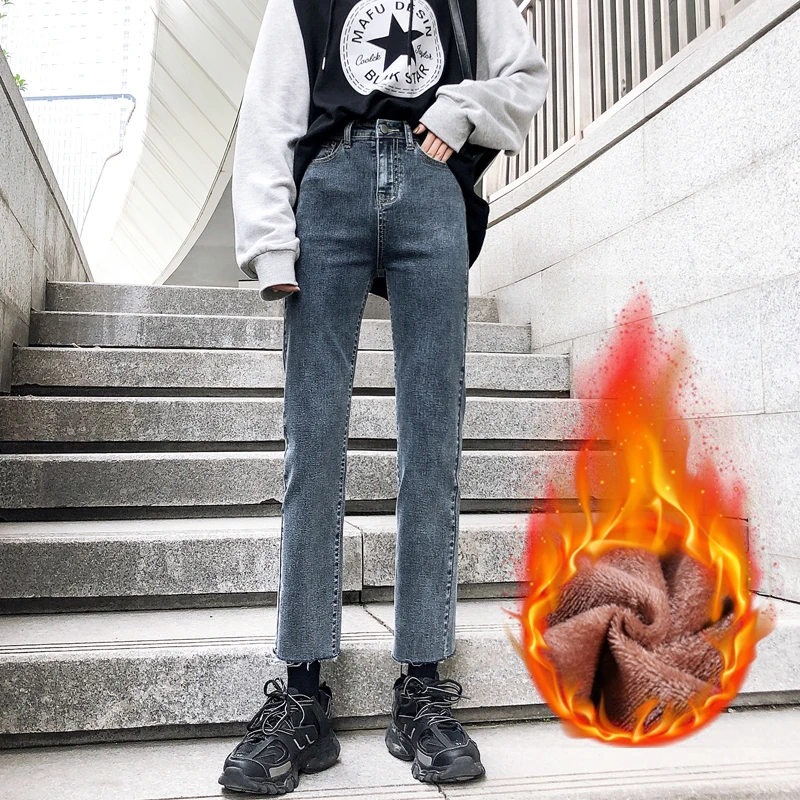 

Женские джинсовые брюки, облегающие прямые брюки до щиколотки, с плюшевой подкладкой, с высокой талией, Осень-зима, женские джинсы в Корейск...