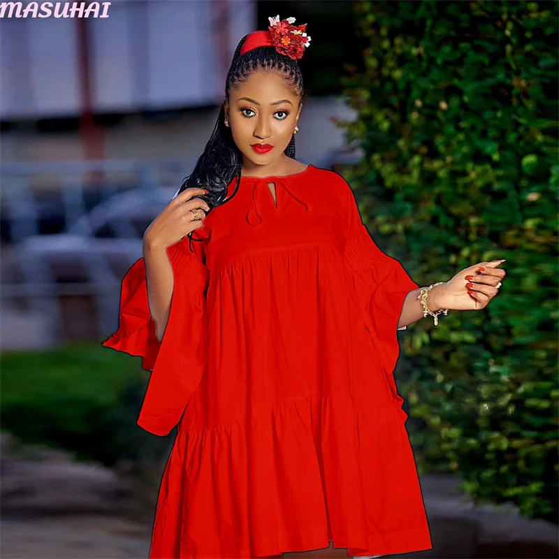 

MASUHAI Fashion women dress solid color loose large horn sleeve commuter office lady lovely comfortable pregnant mother