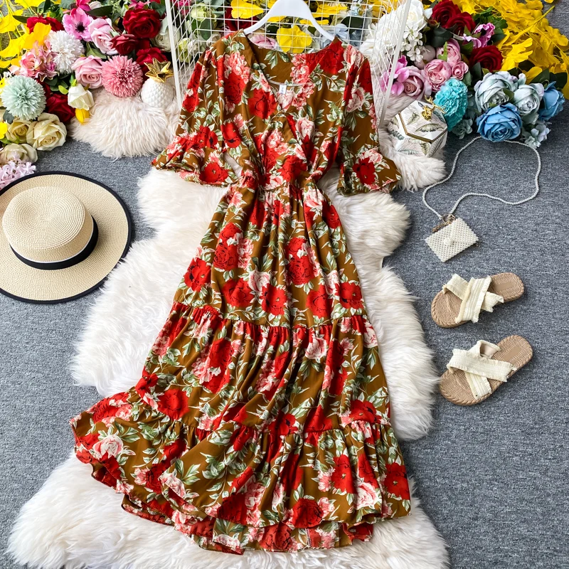 Женское шифоновое платье с широким рукавом летнее цветочным принтом и оборками