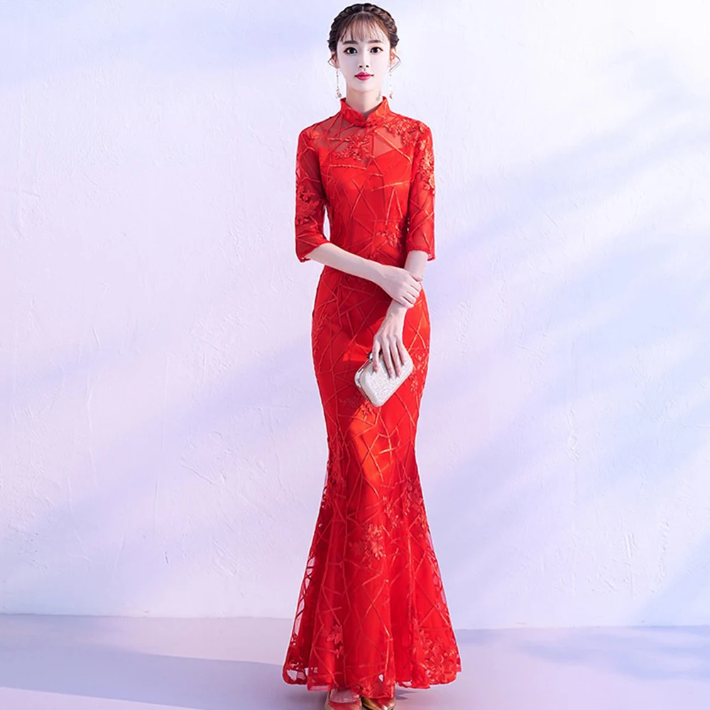 

chinese cheongsam dress Women Blue Cheongsam Vintage Evening Party Dress Elegant Exquisite Qipao Embroidery Mandarin Collar