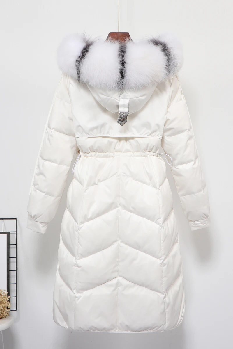 Женская длинная куртка на утином пуху теплая с капюшоном из натурального Лисьего