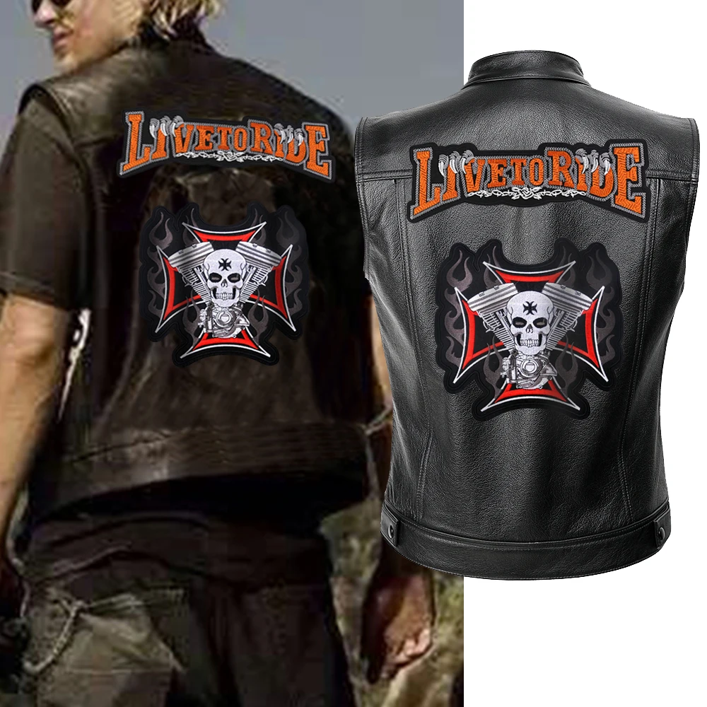 

Mens Leather Motorcycle Vest Embroidery Skull Jacket Men Spring Punk Jackets Black Motorrad Gilet