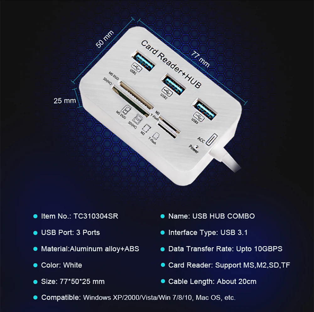 3 0/2.0USB/C хаб тип-c кабель 17 см usb-хаб usb порта мульти устройство для чтения карт SD TF ПК