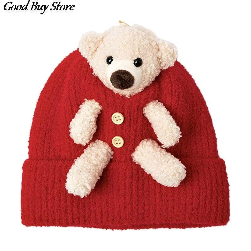 Теплая шапка бини Lovely Bear для осени и зимы Детская Вязаная Мягкая однотонная Милая