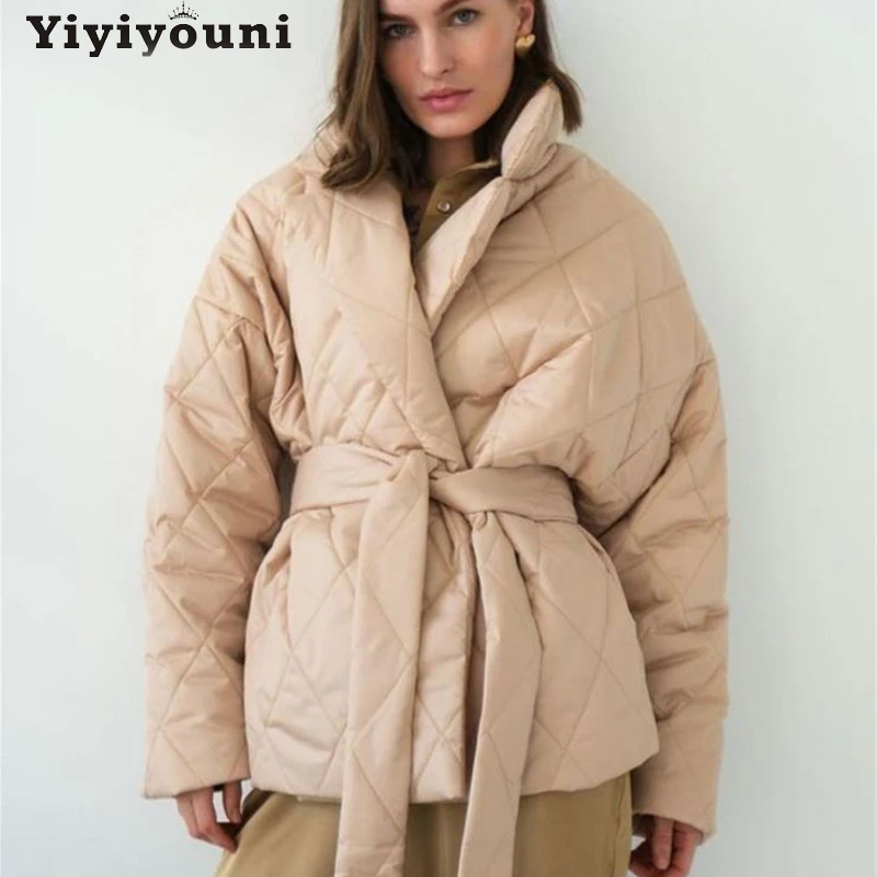 

Короткая Толстая теплая куртка Yiyiyouni с узором ромбиками, Женская осенне-зимняя парка с хлопковой подкладкой и поясом, женская элегантная од...