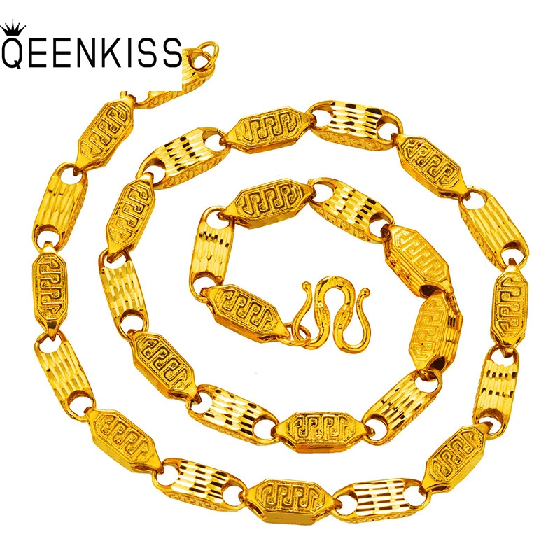 

QEENKISS NC5152 Fine Jewelry Wholesale Fashion Hot Man Father Birthday Wedding Gift Great Wall Pattern 24KT Gold Chain Necklace