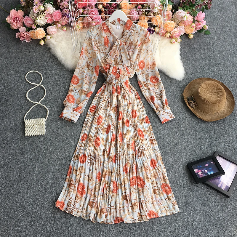 Женское платье с длинным рукавом и принтом v образный вырез бант пышные рукава
