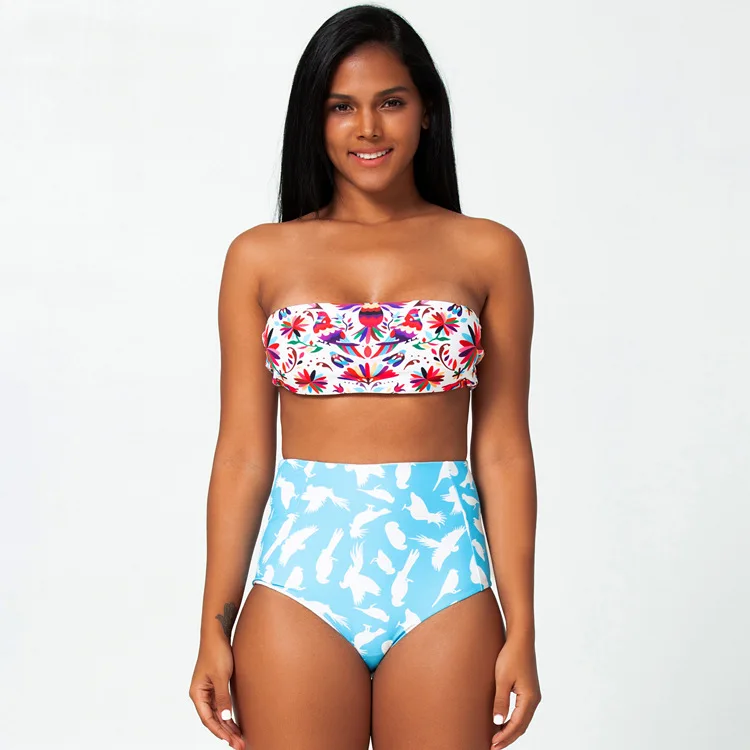 Женский раздельный купальник бандо бикини пуш ап с цветочным принтом и птицами