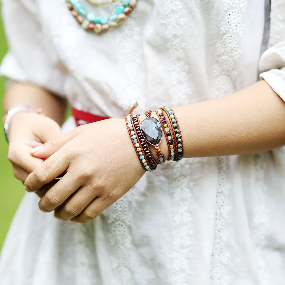 Exclusive New Women Boho Bracelets Labradorite 5 Times Leather Strap Woven Wrap Beads Bracelets Femme Dropshipping