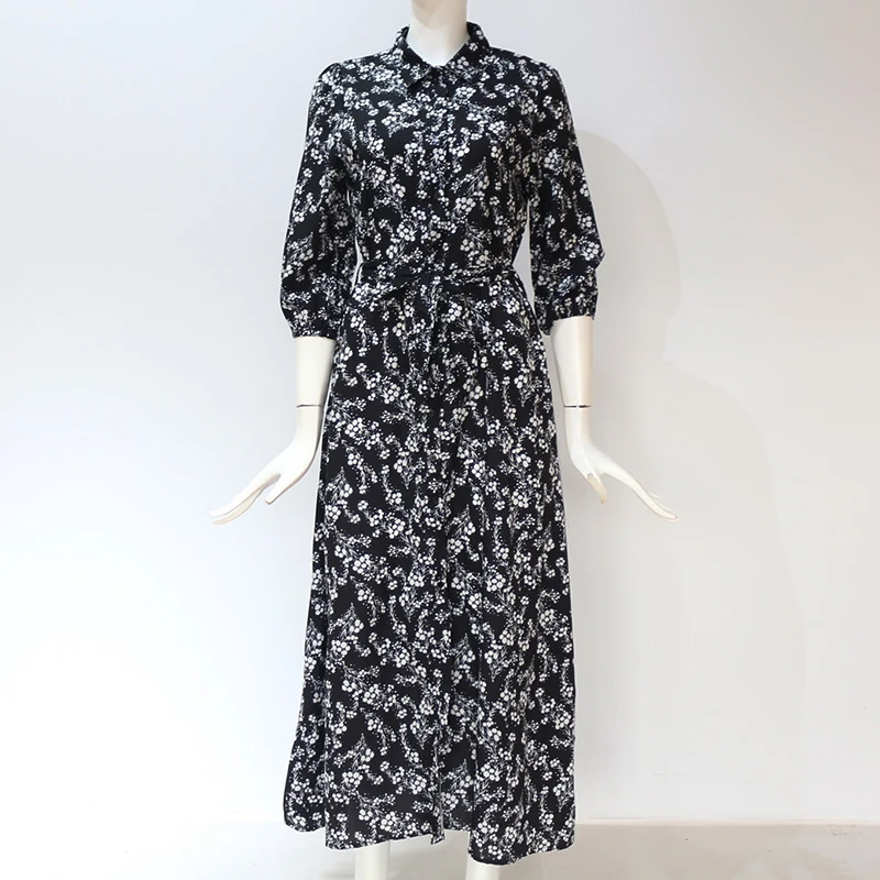 

2021 Vintage Floral Print Maxi Dress Women Boho Three Quarter Sleeve Polyester Long Dress Turn Down Collar Casual Clothes Robe