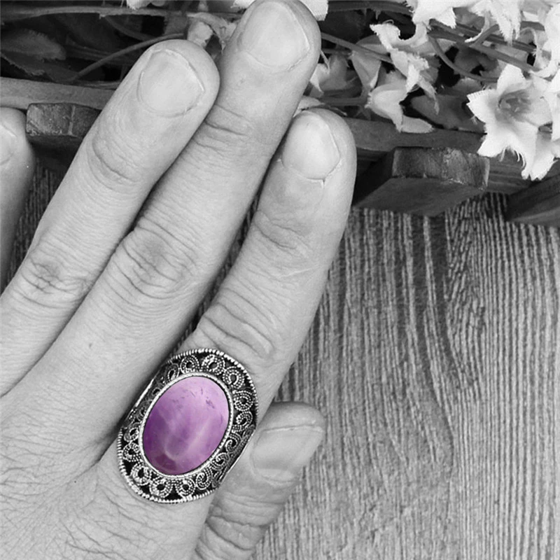 Полые цветок овальный Природный Фиолетовый Камень Кольца для Для женщин Винтаж