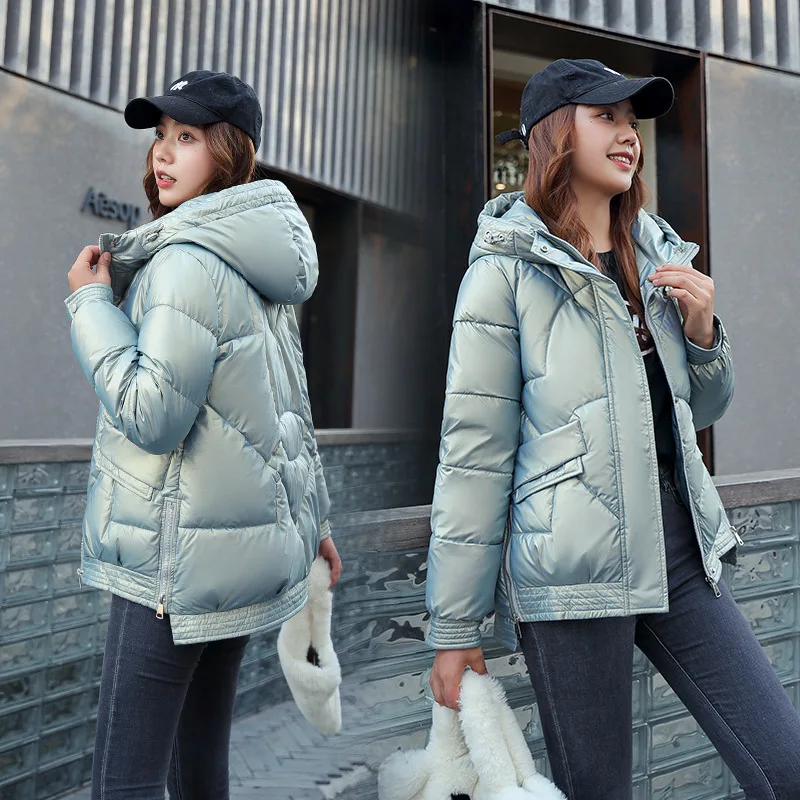 DIMI Loose Hooded Down Jacket Brief Paragraph with Thick Jacket Coat Winter Coat Women Glossy