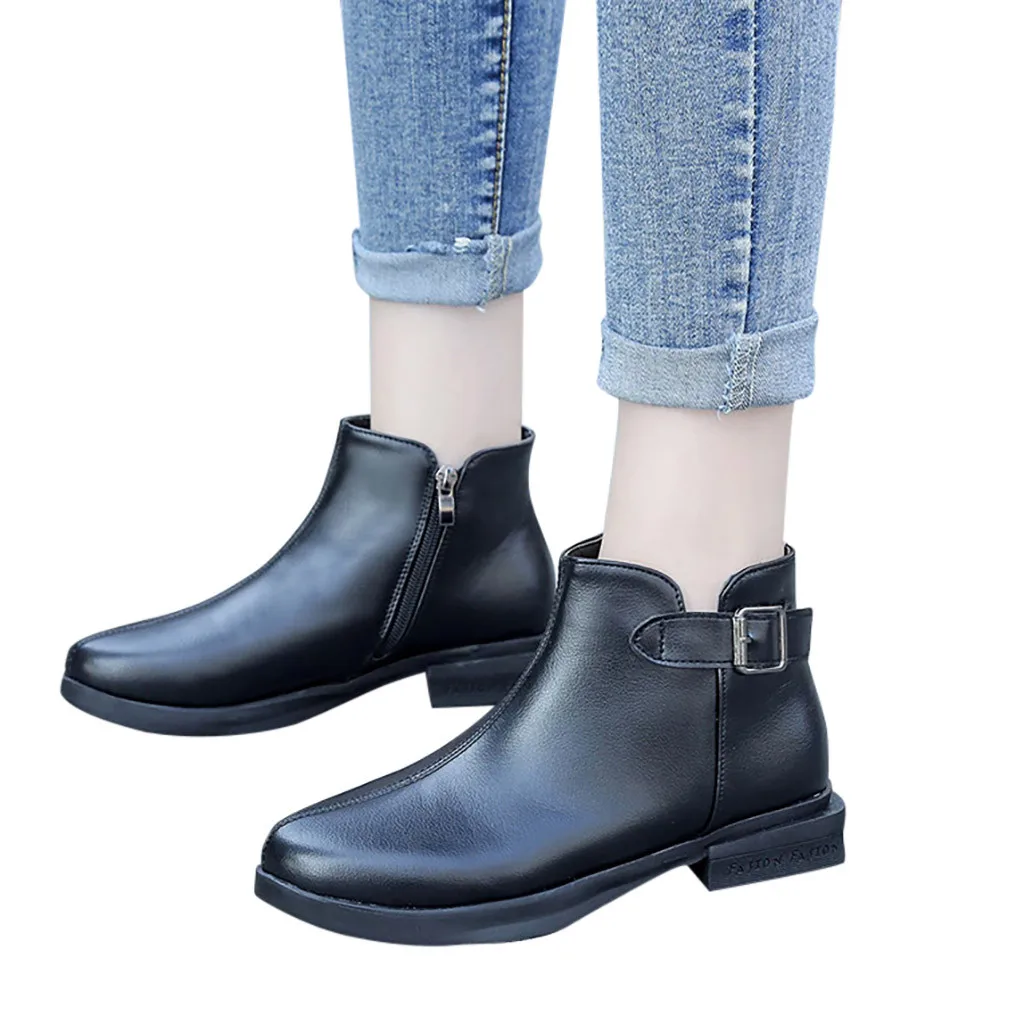 Fashion Pure Color Pointed Toe Zipper Boots Square Heels PU Leather Woman Shoes Buckle Strap Vintage Women botas mujer | Обувь