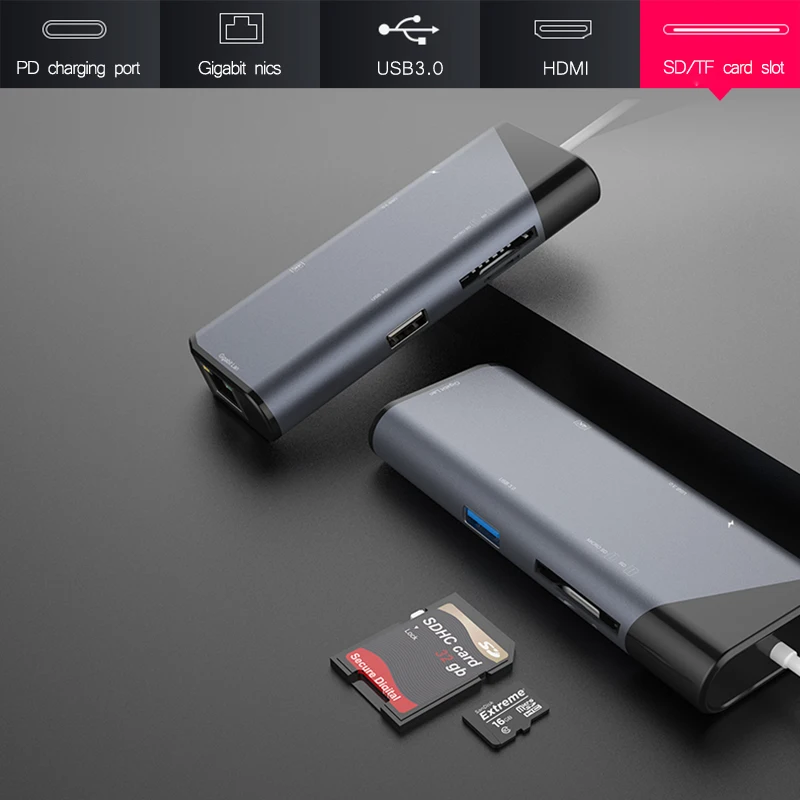 

Многопортовый 7-в-1 концентратор Type-C к USB3.0 4K HDMI устройство для чтения карт SD TF Ethernet адаптер док-станция VDX99