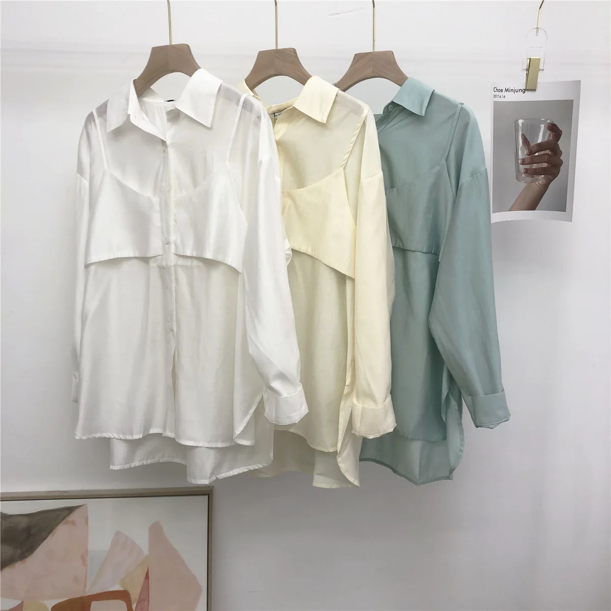 

Блузка женская однотонная атласная глянцевая, модный шикарный Повседневный Топ с имитацией двух предметов, рубашка от солнца, весна-осень