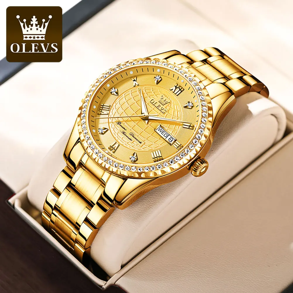 

Часы наручные OLEVS Мужские механические, деловые брендовые Роскошные автоматические водонепроницаемые золотистые стальные