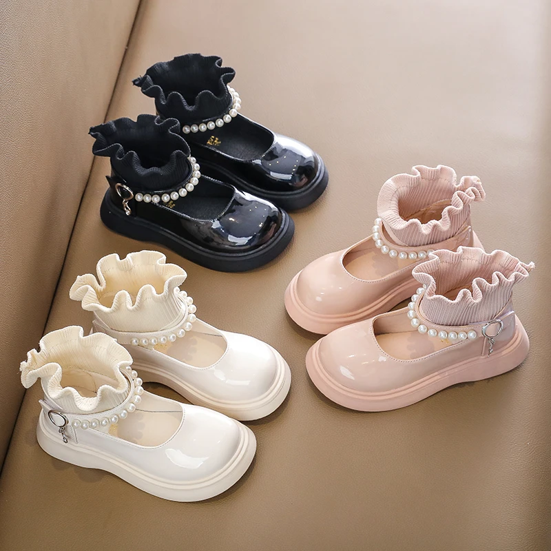

Fashion Girls Black Patent Leather Shoes Autumn Pearl Ruffle Sock Shoes Princess Shoes Square Hell Platform School Shoes 3-15Y