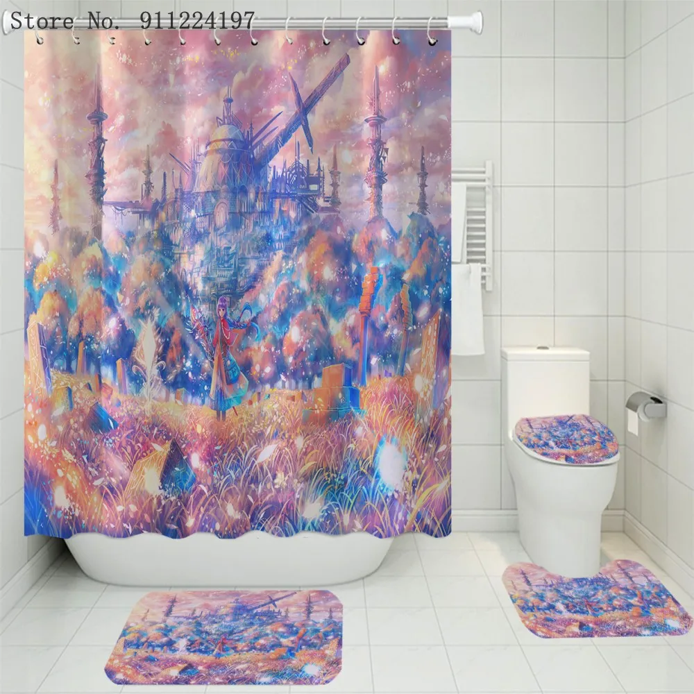 

3D Pink Castle Printing Bath Curtain Toilet Lid Cover Bath Rug Mat Sets 3/4 Piece Anime Waterproof Shower Curtain With 12 Hooks