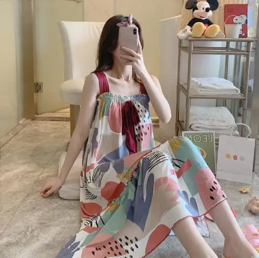 

M-5XL Plus size nightgowns women sling vest dress loose cotton nightshirt female print nightdress cute spring summer night gown