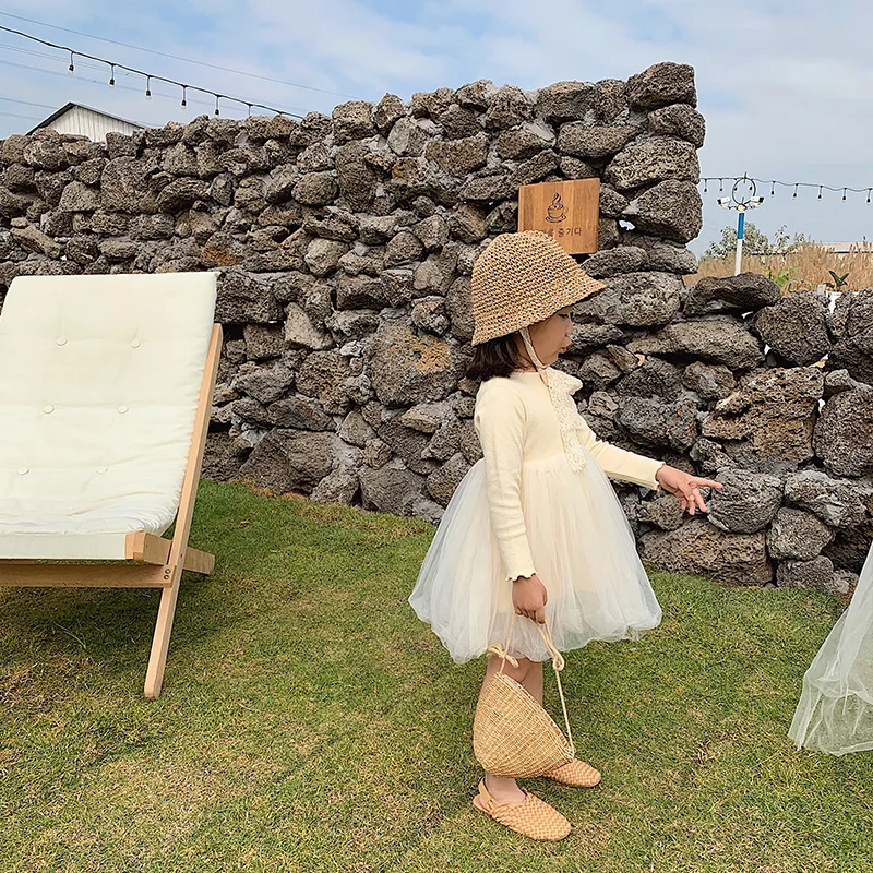 Весенне-осеннее Сетчатое платье для девочек трикотажное базовое с длинным