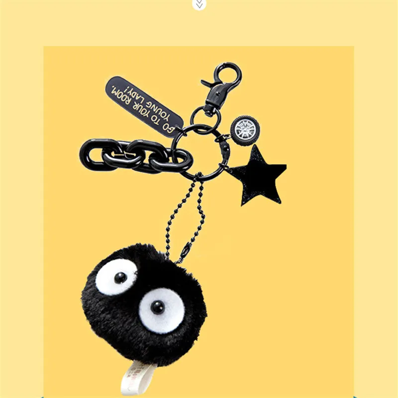 

Plush Keychains Spirited Away Miyazaki Hayao Totoro Small Pedants Briquette Black Carbon Coal Ball Elf Doll Key Chain Hot Sale