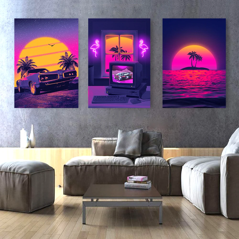 80s outrun vaporwave styleposter city night car house sunset 80s painting wall art decoration kawaii room decor canvas poster free global shipping
