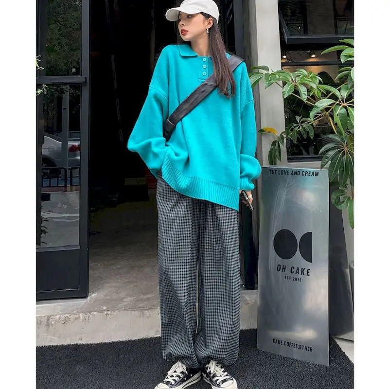 

Women Sets Turn-down Collar Solid Knit Sweater Pullover Plaid Casual Pant Loose Chic Teens Harajuku Korean Style All-match Retro