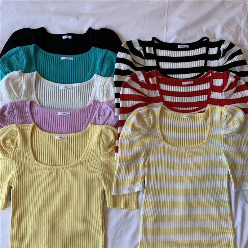 

Short Puff Sleeve Summer Thin Knitted T-shirts Girls Vintage Square Collar Tshirt Tops For Ladies
