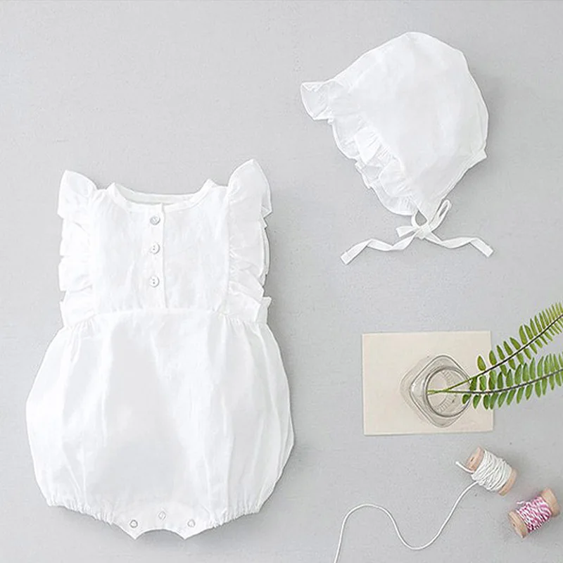 

2021 Summer New Newborn Infant Baby Cotton Soft Sleeveless Bodysuit Toddler Kid Flower Edge Solid Fashion Bodysuits + Hat