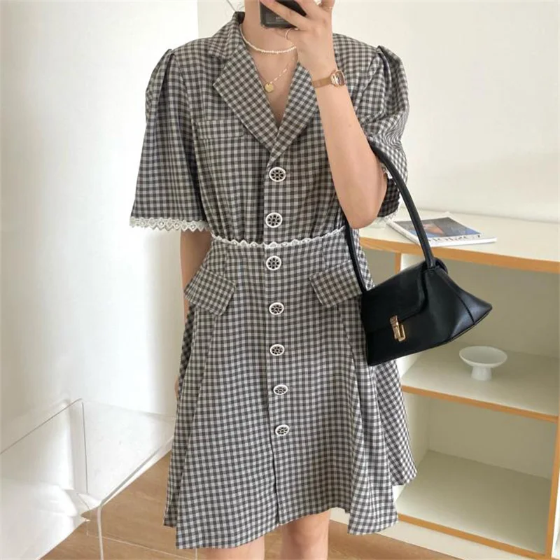 

Alien Kitty Femme Princess Vintage Sweet OL Brief All Match 2021 High Waist Geometric Retro Plaid Chic Loose Dress Vestidos