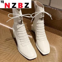 2022 elegant square toe shoes woman genuine leather cross tied high heels ankle boots for women wedding party winter shoes