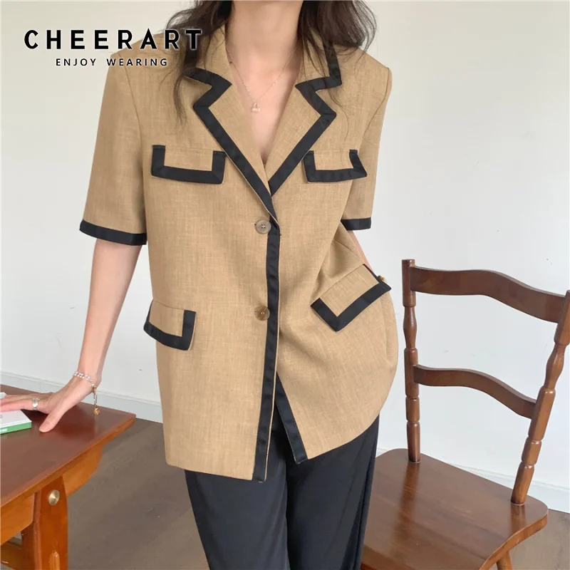 

CHEERART Vintage Brown Short Sleeve Blazer Women Summer Designer Jackets Single Button Up Khaki Coat Suit Korean Fashion Clothes