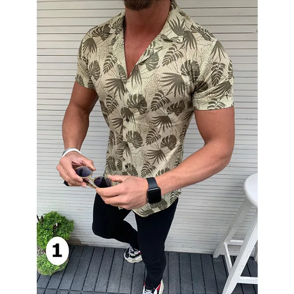 

Summer new men's short-sleeved shirt beach style Hawaiian coconut leaf print explosion style men's shirt