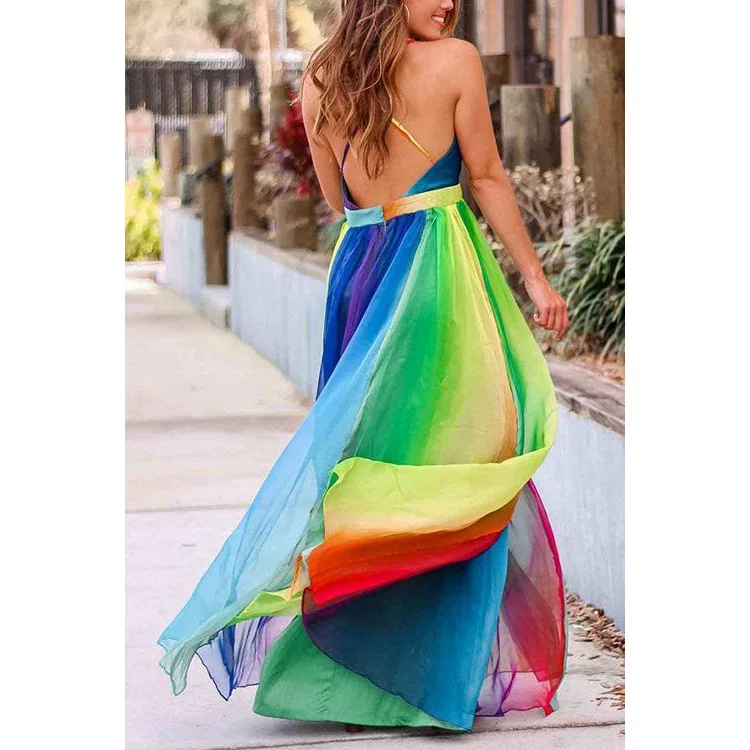 Новинка 2021 шикарный дизайн Сетчатое платье радужного цвета на тонких бретелях