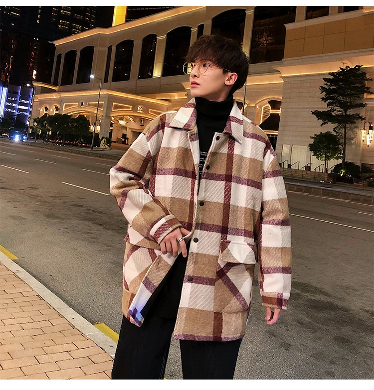 Fashion Mens woolen coat Red Khaki Loose plaid jacket Autumn Spring Winter