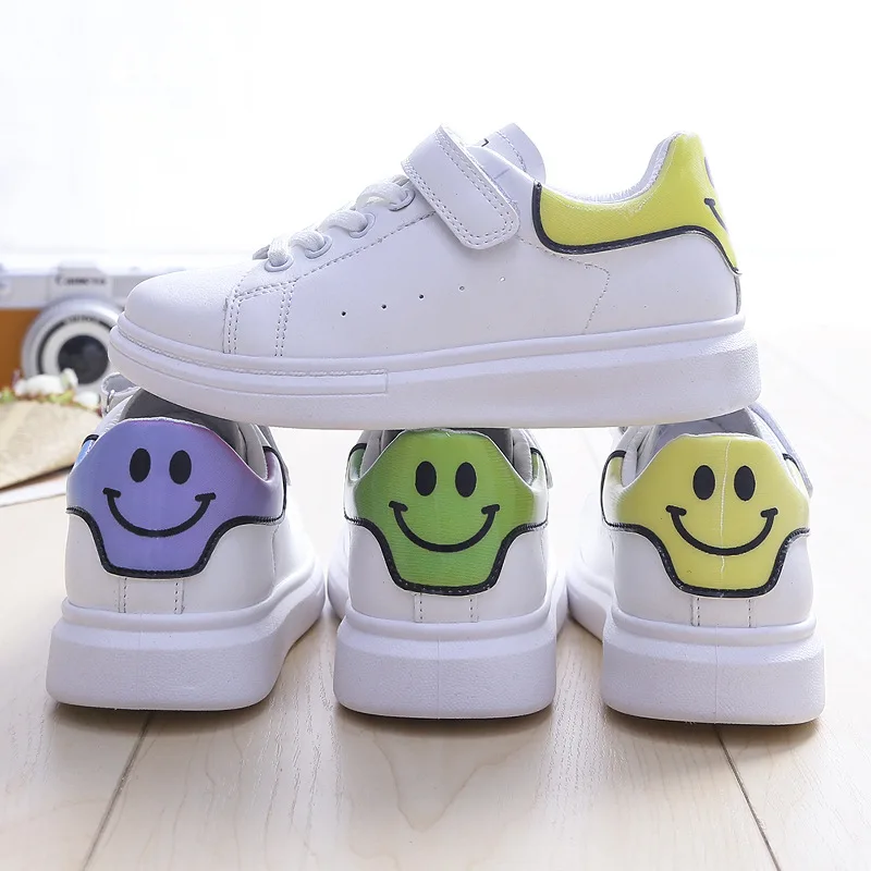 

Children Smile Face Flat Leather Shoes 2021 Summer Autumn Girls White Sneaker Boys Tennis Skateboard Shoes Size26-37