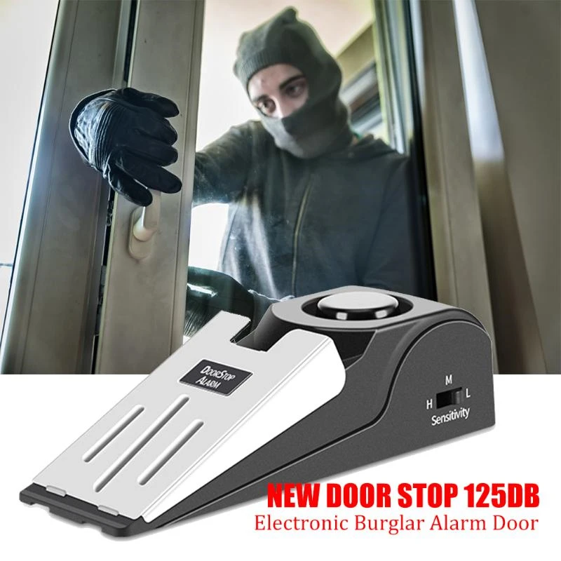 

125DB Wireless Door Stop Alarm Stainless Steel 3 Sensitivity Level Sensor Wedge-shaped Portable Home Travel Security